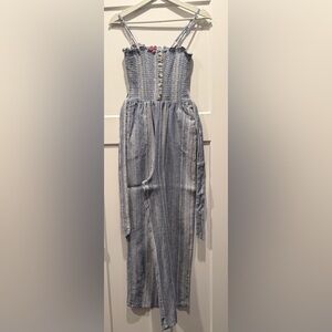 GUESS Blue and White Striped Smocked Button Jumpsuit | Tie at Waist